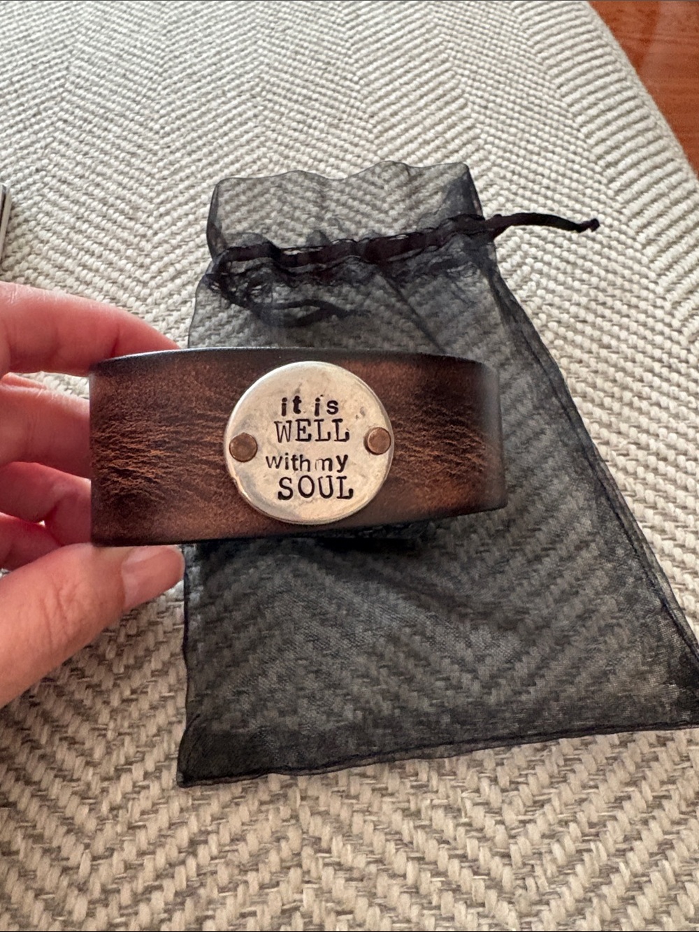 Brown Leather Cuff Bracelet with 'It Is Well With My Soul' Accent